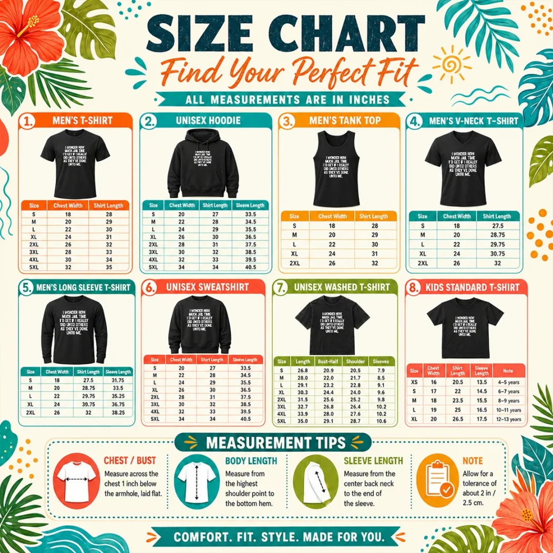 awesome-i-wonder-how-much-jail-time-id-get-if-i-did-unto-others-as-theyve-done-unto-me-size-chart Size chart for Awesome I Wonder How Much Jail Time ID Get If I Did Unto Others As Theyve Done Unto Me with measurements in inches and cm to help choose the right fit