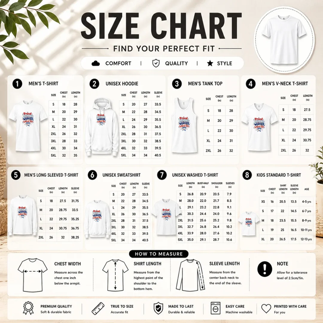 awesome-labour-day-proud-american-worker-doodle-size-chart Size chart for Awesome Labour Day Proud American Worker Doodle with measurements in inches and cm to help choose the right fit