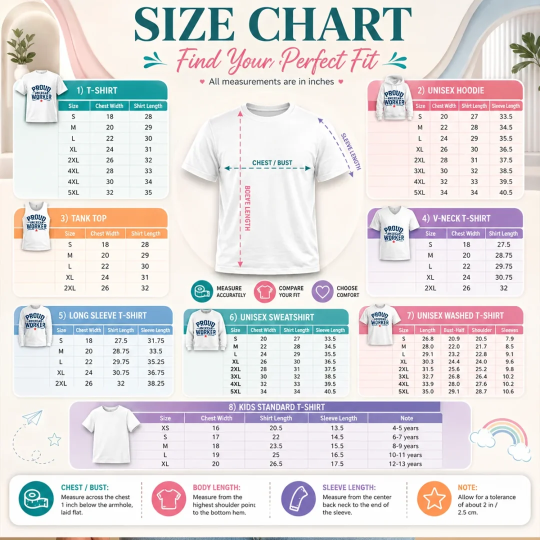 awesome-labour-day-proud-american-worker-minimalist-size-chart Size chart for Awesome Labour Day Proud American Worker Minimalist with measurements in inches and cm to help choose the right fit