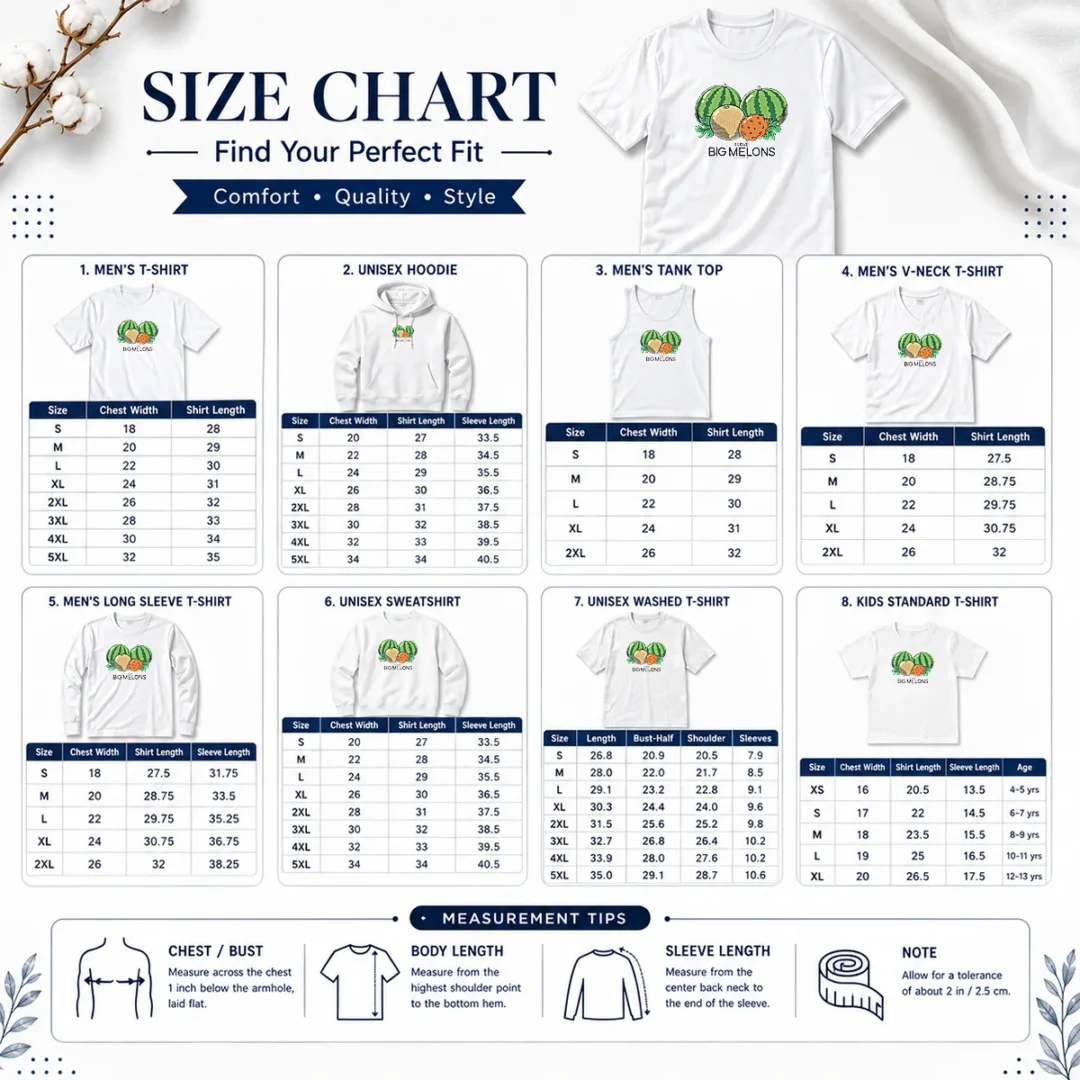 awesome-original-watermelon-cantaloupe-kiwano-fruit-i-love-big-melons-threadheads-studios-size-chart Size chart for Awesome Original Watermelon Cantaloupe Kiwano Fruit I Love Big Melons Threadheads Studios with measurements in inches and cm to help choose the right fit
