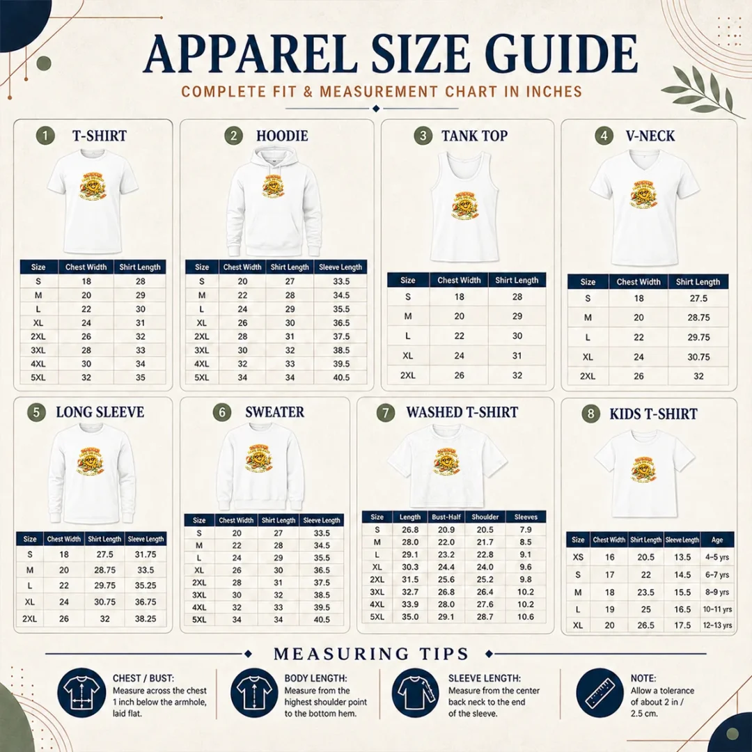 Awesome Pretty Summer Bank Holiday Vintage Chill Sun Size Chart Size chart for Awesome Pretty Summer Bank Holiday Vintage Chill Sun with measurements in inches and cm to help choose the right fit