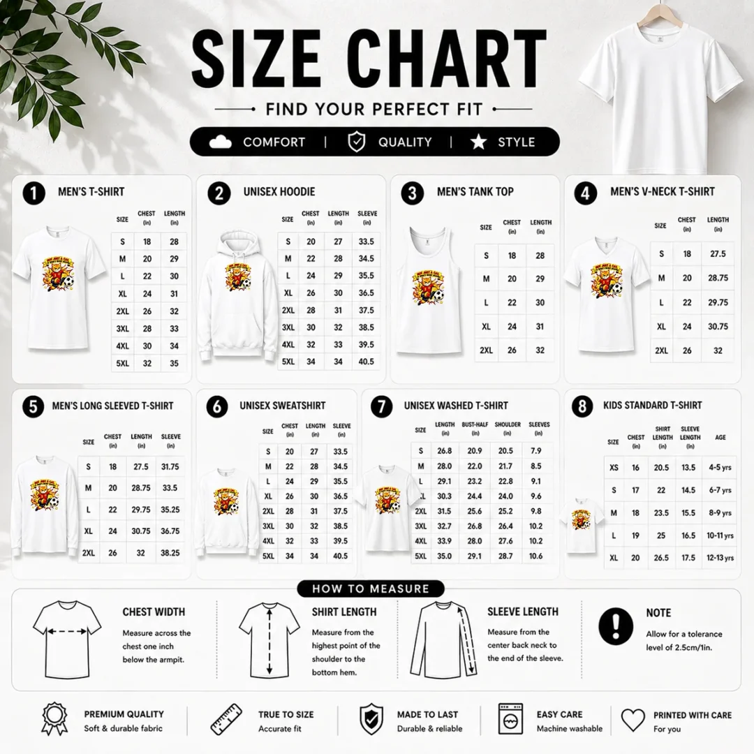 awesome-spain-soccer-cat-meme-comic-funny-football-humor-size-chart Size chart for Awesome Spain Soccer Cat Meme Comic Funny Football Humor with measurements in inches and cm to help choose the right fit
