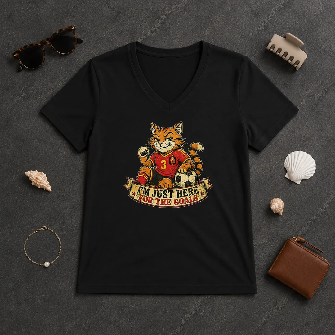 Awesome Spanish Soccer Cat Meme Im Just Here For The Goals Retro Dis V Neck Shirt Awesome Spanish Soccer Cat Meme Im Just Here For The Goals Retro Dis V-Neck Shirt