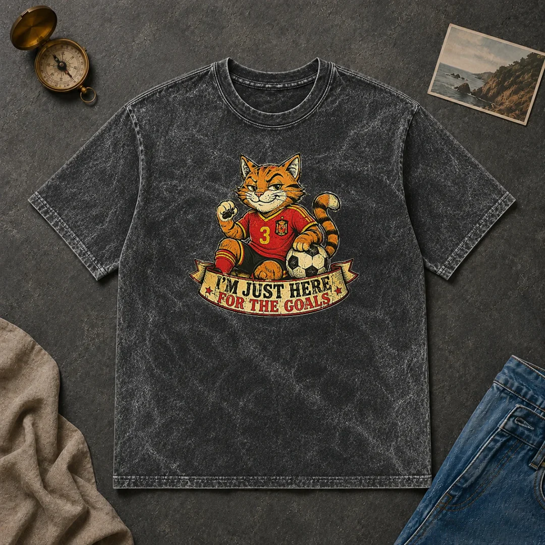 Awesome Spanish Soccer Cat Meme Im Just Here For The Goals Retro Dis Washed T Shirt Awesome Spanish Soccer Cat Meme Im Just Here For The Goals Retro Dis Washed T-Shirt