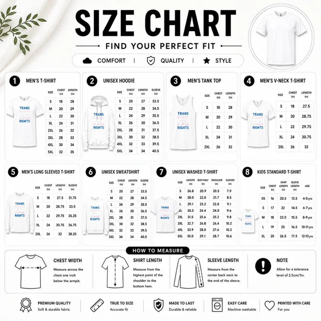 awesome-stefanie-dolson-trans-rights-are-human-rights-size-chart Size chart for Awesome Stefanie Dolson Trans Rights Are Human Rights with measurements in inches and cm to help choose the right fit