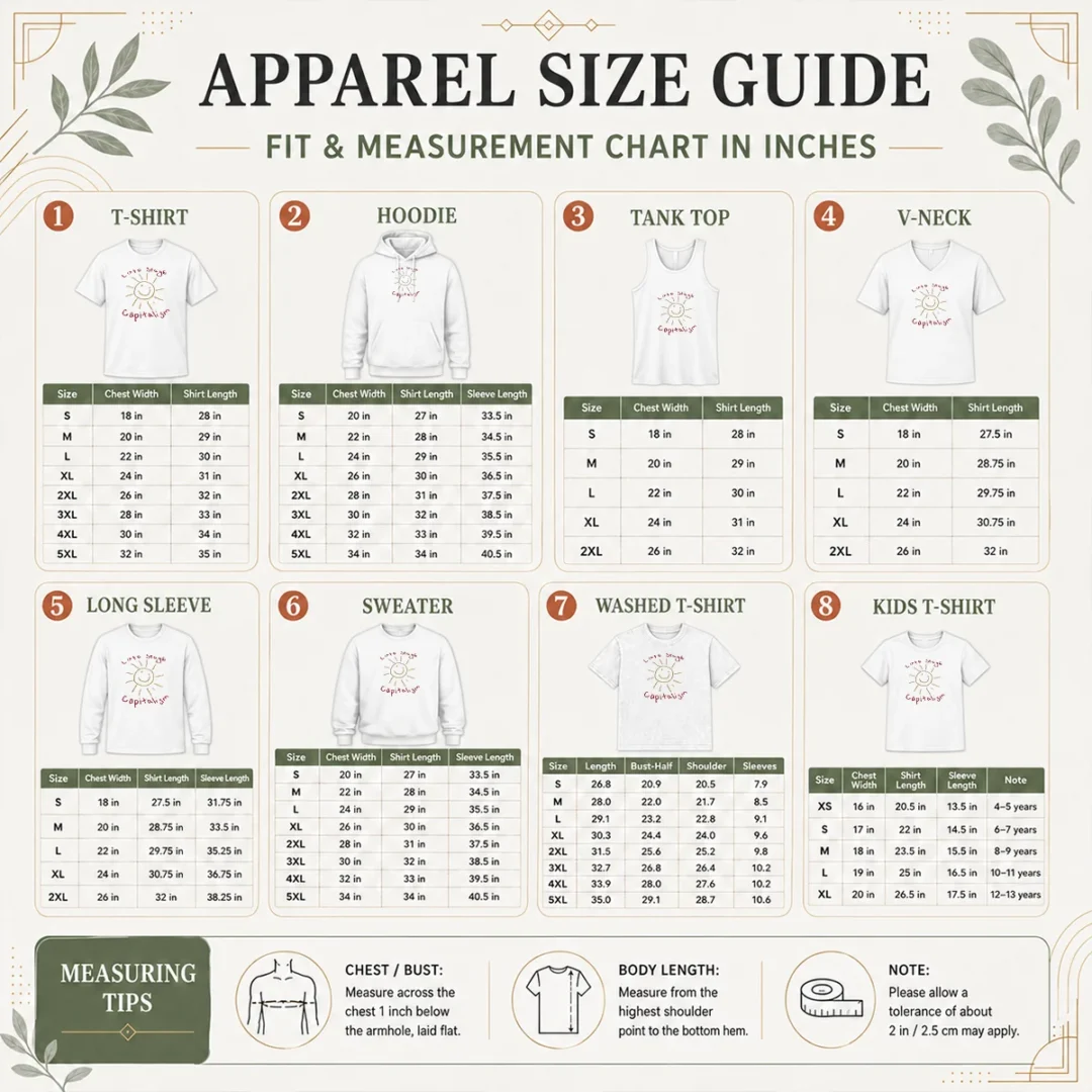 awesome-top-late-stage-capitalism-smiley-face-political-satire-size-chart Size chart for Awesome Top Late Stage Capitalism Smiley Face Political Satire with measurements in inches and cm to help choose the right fit