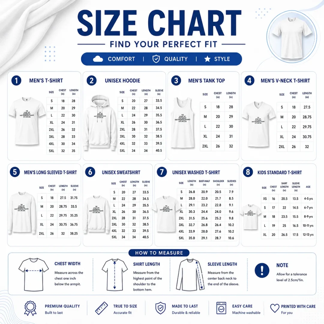 awesome-ye-live-at-estadio-metropolitano-july-30-2026-size-chart Size chart for Awesome Ye Live At Estadio Metropolitano July 30 2026 with measurements in inches and cm to help choose the right fit