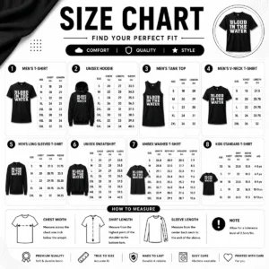 Size chart for Pretty Clemson Football Blood In The Water with measurements in inches and cm to help choose the right fit