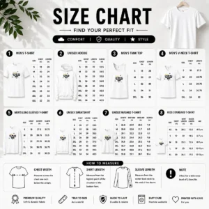Size chart for Awesome Oh Honey Let Me Tell You About Jesus Bee Quote with measurements in inches and cm to help choose the right fit