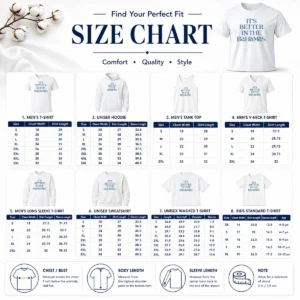 Size chart for Hot Original It'S Better In The Bahamas Travel Vacation with measurements in inches and cm to help choose the right fit