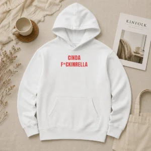 Top Cinda Fckinrella Cinderella Parody Hoodie in black with bold graphic print and front pocket