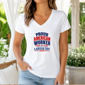 Pretty Proud American Worker Labour Day 2026 Typography V-Neck Shirt