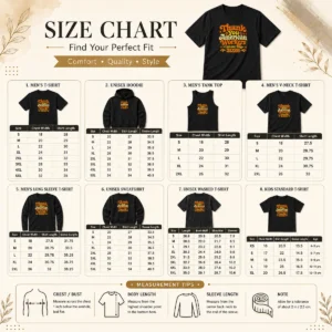 Size chart for Top Awesome Labour Day 2026 Thank You American Workers Groovy Retro Shir with measurements in inches and cm to help choose the right fit