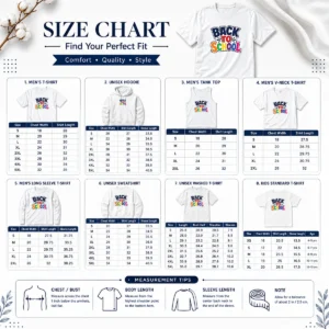 Size chart for Hot Nice Retro Distressed Back To School Typography with measurements in inches and cm to help choose the right fit