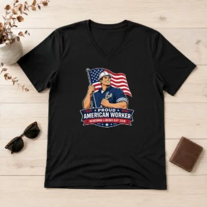 Official Original Labour Day Proud American Worker Vector V-Neck Shirt