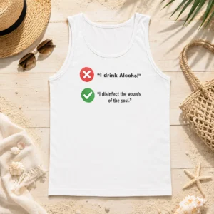 Nice Hot I Drink Alcohol I Disinfect The Wounds Of The Soul tank top in black with bold white text graphic