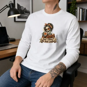 Top Vintage Funny Halloween Skeleton Girl Coffee Long Sleeve Shirt
