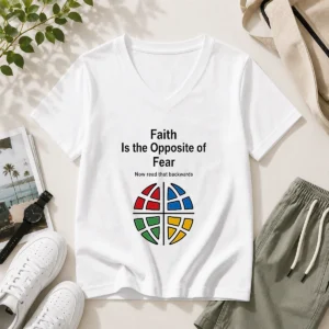 Awesome Faith Is The Opposite Of Fear Now Read That Backwards V-Neck Shirt