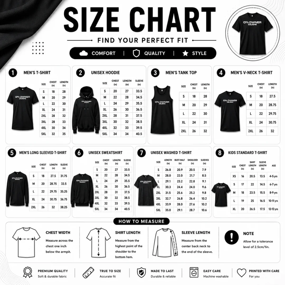 funny-0-owners-bush-size-chart Size chart for Funny 0 Owners Bush with measurements in inches and cm to help choose the right fit