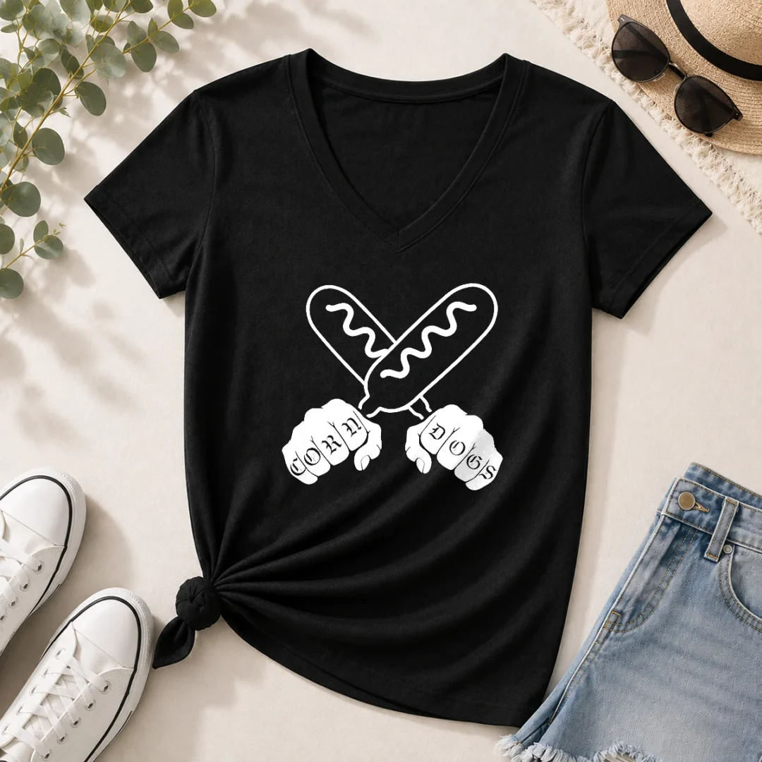 funny-corndog-knuckles-hotdog-v-neck-shirt Funny Corndog Knuckles Hotdog V-Neck Shirt