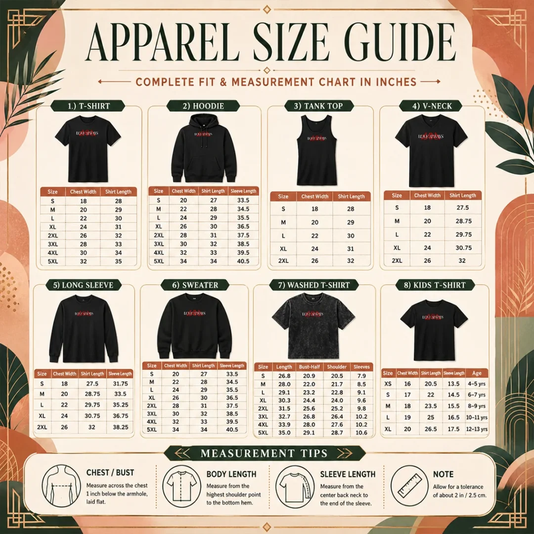 funny-hot-love-always-l-a-love-always-size-chart-2 Size chart for Funny Hot Love Always L A Love Always with measurements in inches and cm to help choose the right fit