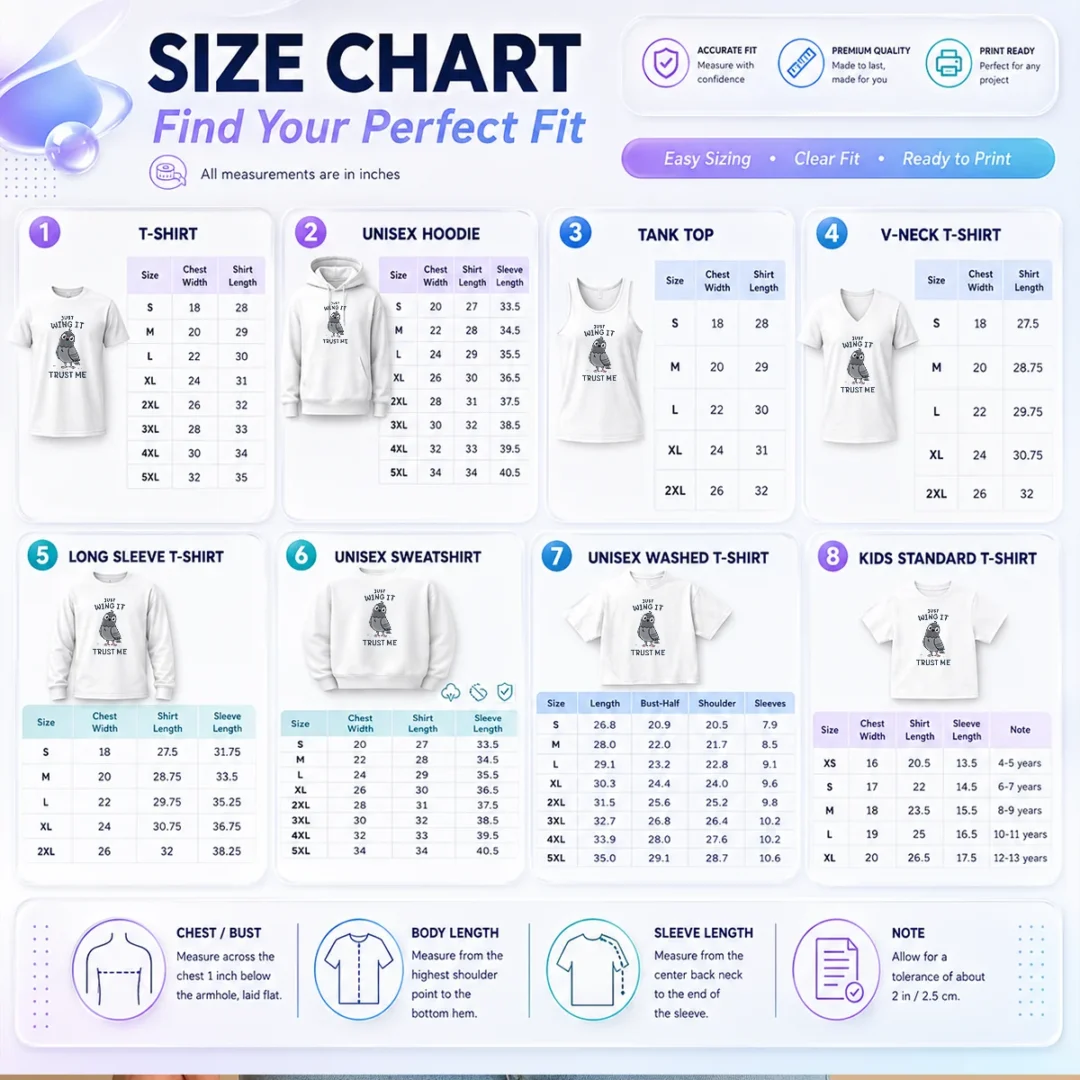 funny-just-wing-it-trust-me-cute-pigeon-bird-size-chart Size chart for Funny Just Wing It Trust Me Cute Pigeon Bird with measurements in inches and cm to help choose the right fit