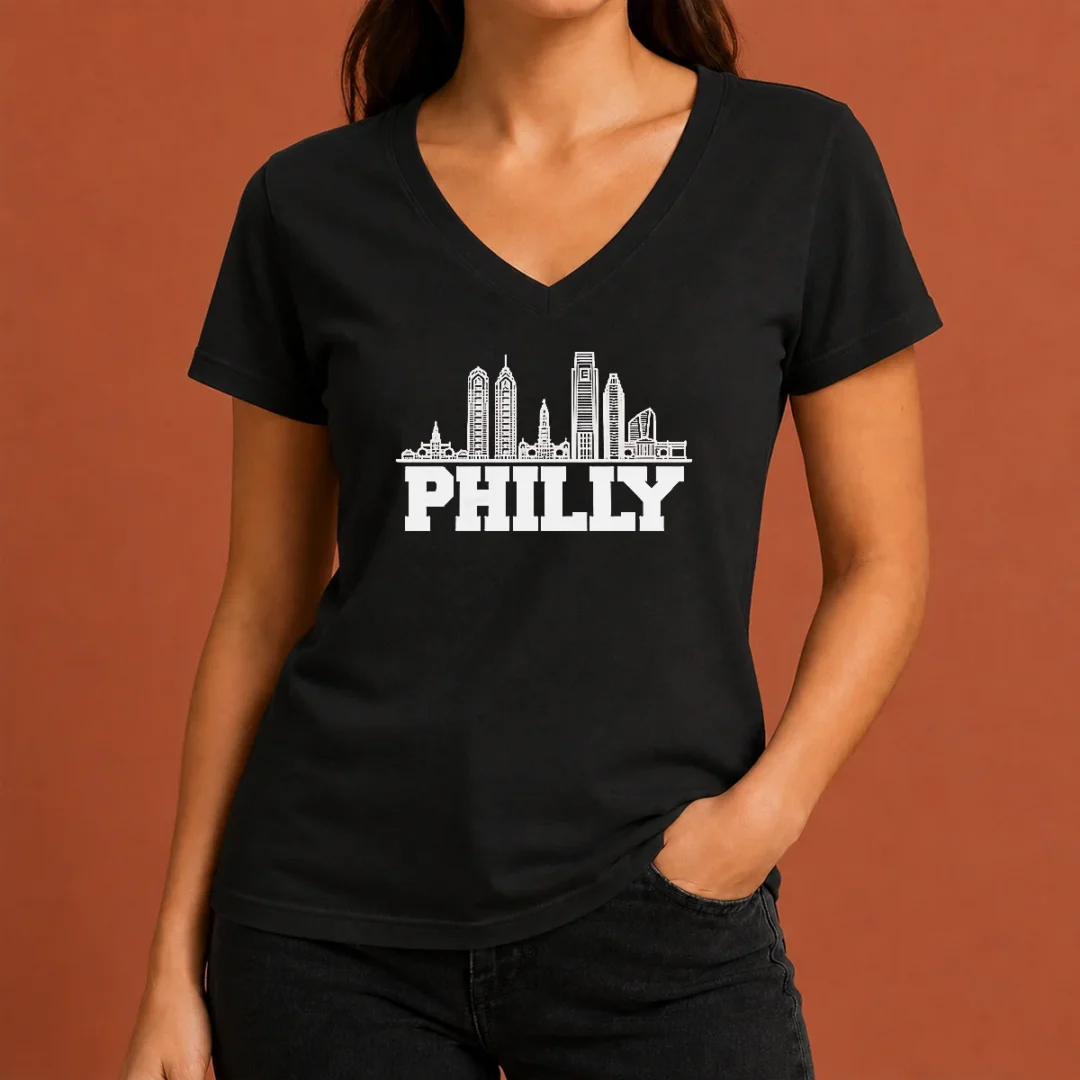 funny-official-philly-skyline-apparel-philadelphia-city-silhouette-v-neck-shirt Funny Official Philly Skyline Apparel Philadelphia City Silhouette V-Neck Shirt