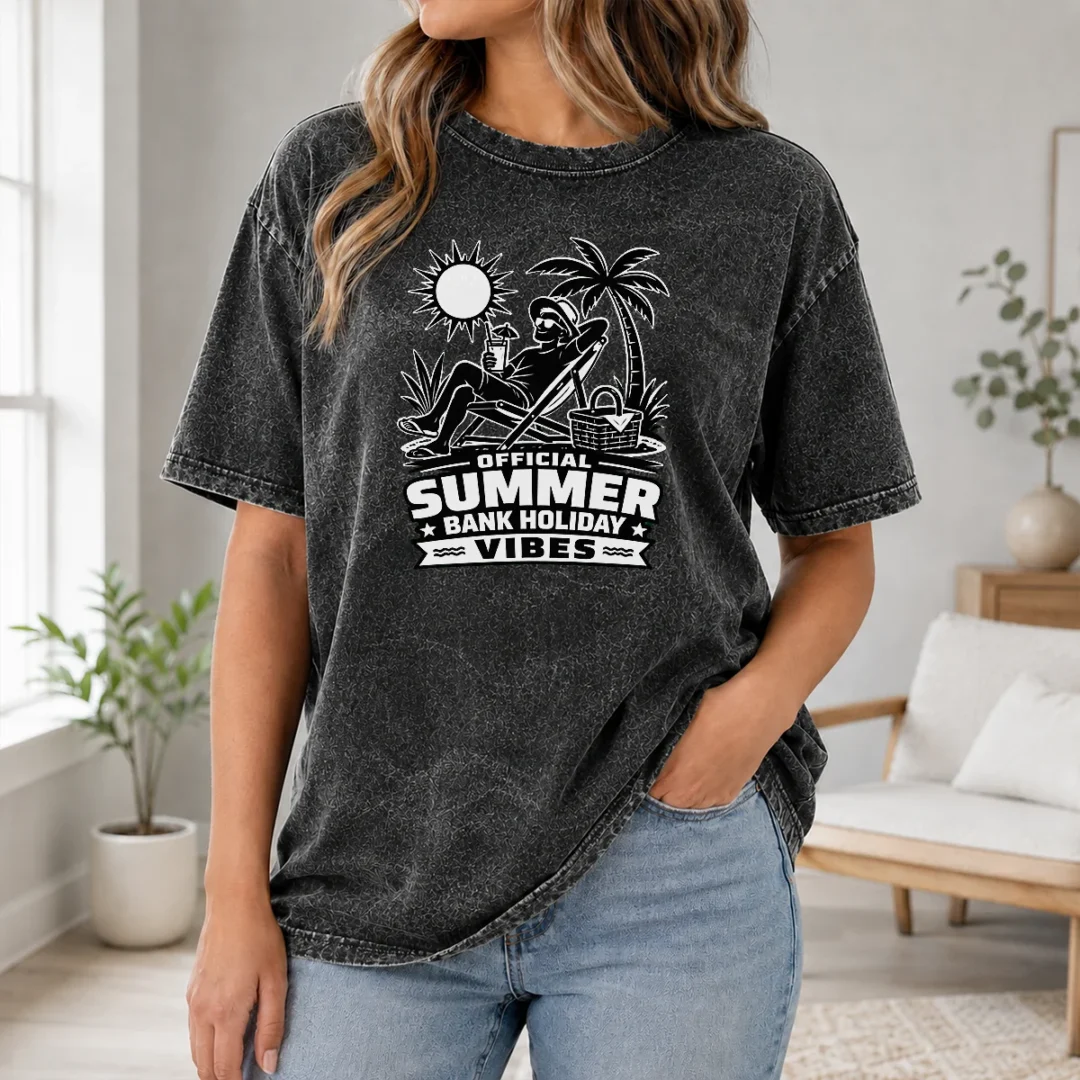 Funny Original Summer Bank Holiday Vibes Silhouette Washed T Shirt Funny Original Summer Bank Holiday Vibes Silhouette Washed T-Shirt