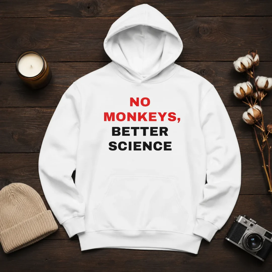 funny-peta-no-monkeys-better-science-hoodie Funny Peta No Monkeys Better Science Hoodie in charcoal gray, front view with kangaroo pocket and adjustable drawstring hood