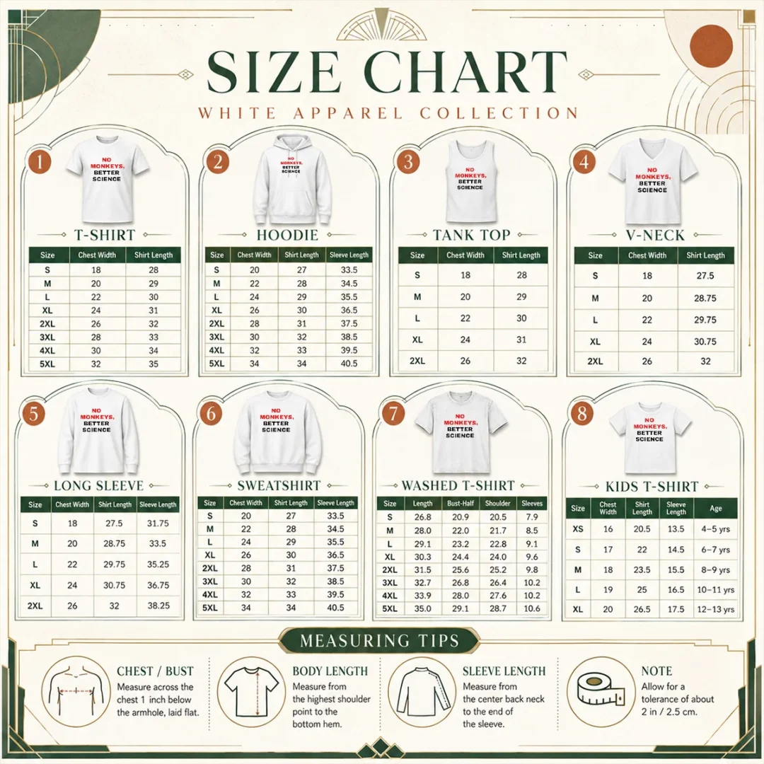 funny-peta-no-monkeys-better-science-size-chart Size chart for Funny Peta No Monkeys Better Science shirt showing measurements in inches and centimeters