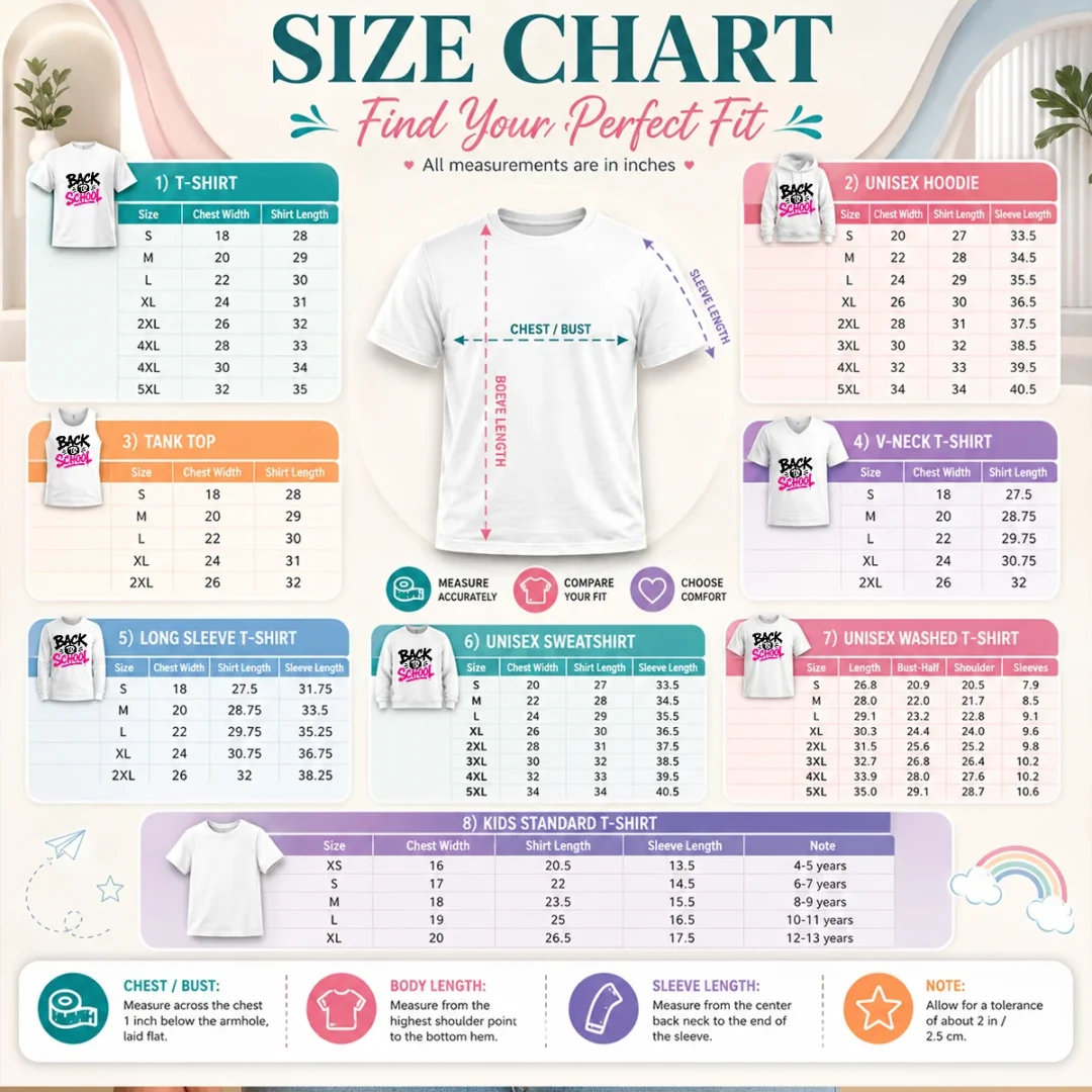 good-brush-script-back-to-school-yellow-outline-size-chart Size chart for Good Brush Script Back To School Yellow Outline with measurements in inches and cm to help choose the right fit
