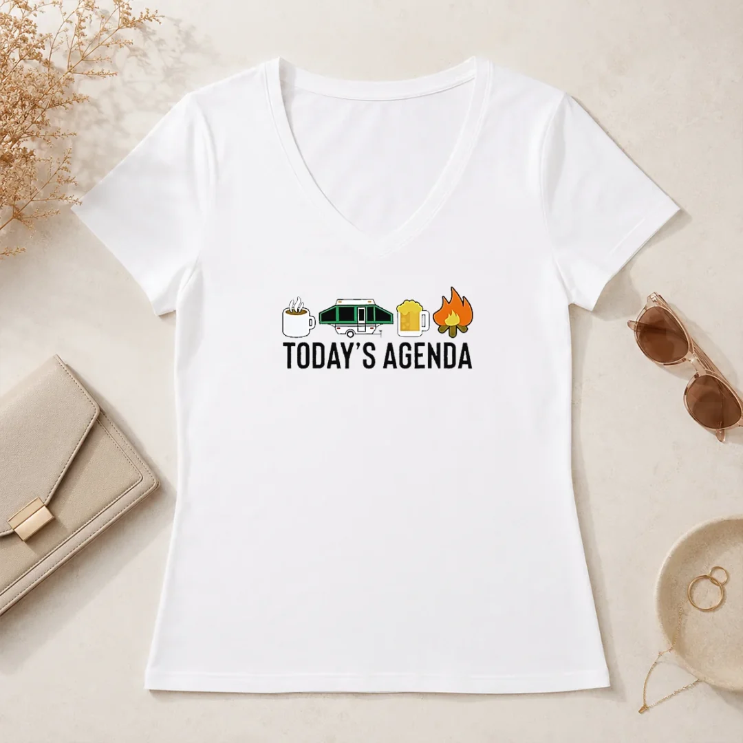 Good Funny Camping Coffee Pop Up Camper Beer Campfire Today'S Agenda V Neck Shirt Good Funny Camping Coffee Pop Up Camper Beer Campfire Today'S Agenda V-Neck Shirt