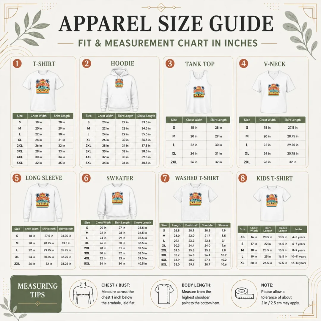 good-hot-vintage-retro-summer-bank-holiday-palm-sunburst-size-chart Size chart for Good Hot Vintage Retro Summer Bank Holiday Palm Sunburst with measurements in inches and cm to help choose the right fit