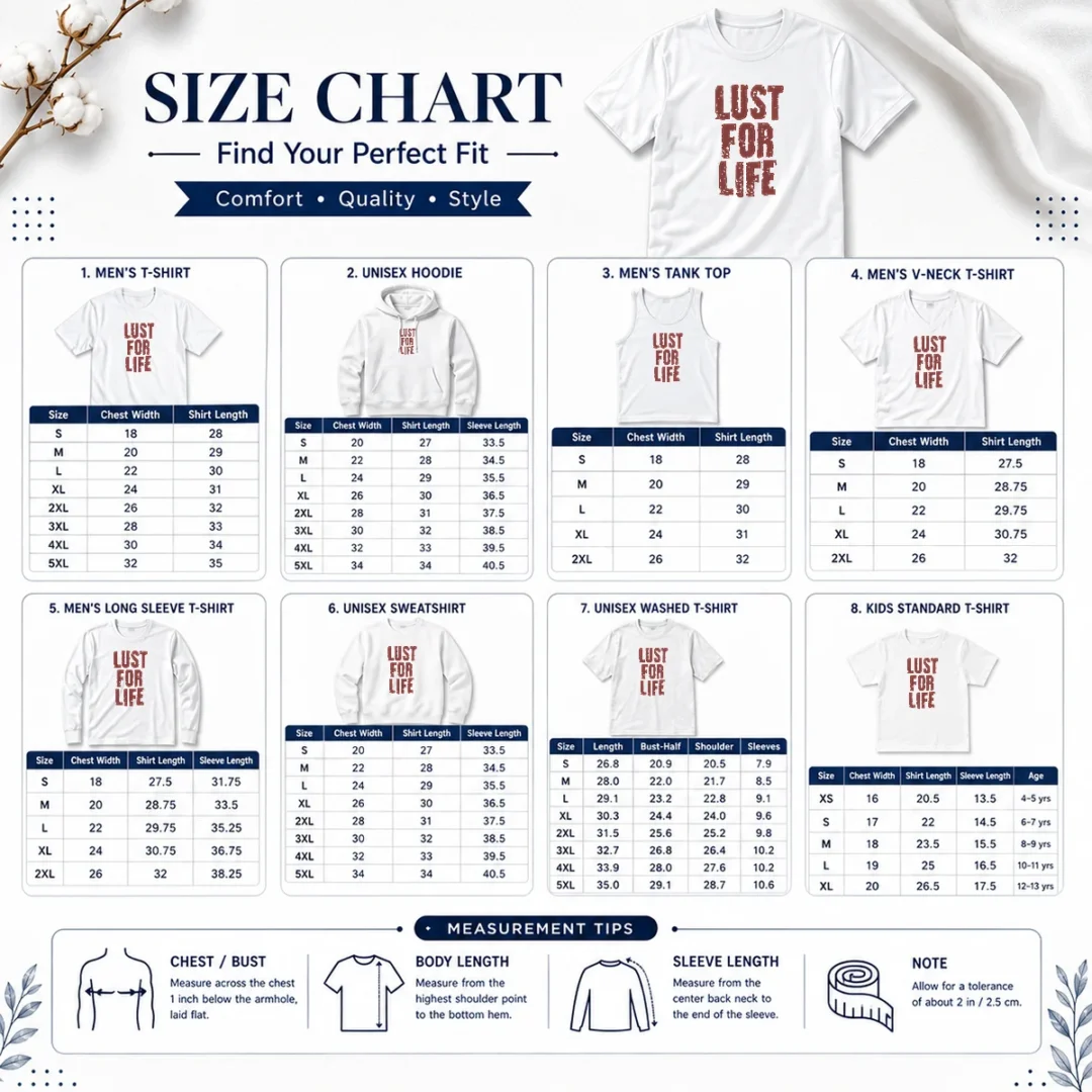 good-nice-lust-for-life-distressed-iggy-pop-music-size-chart Size chart for Good Nice Lust For Life Distressed Iggy Pop Music with measurements in inches and cm to help choose the right fit
