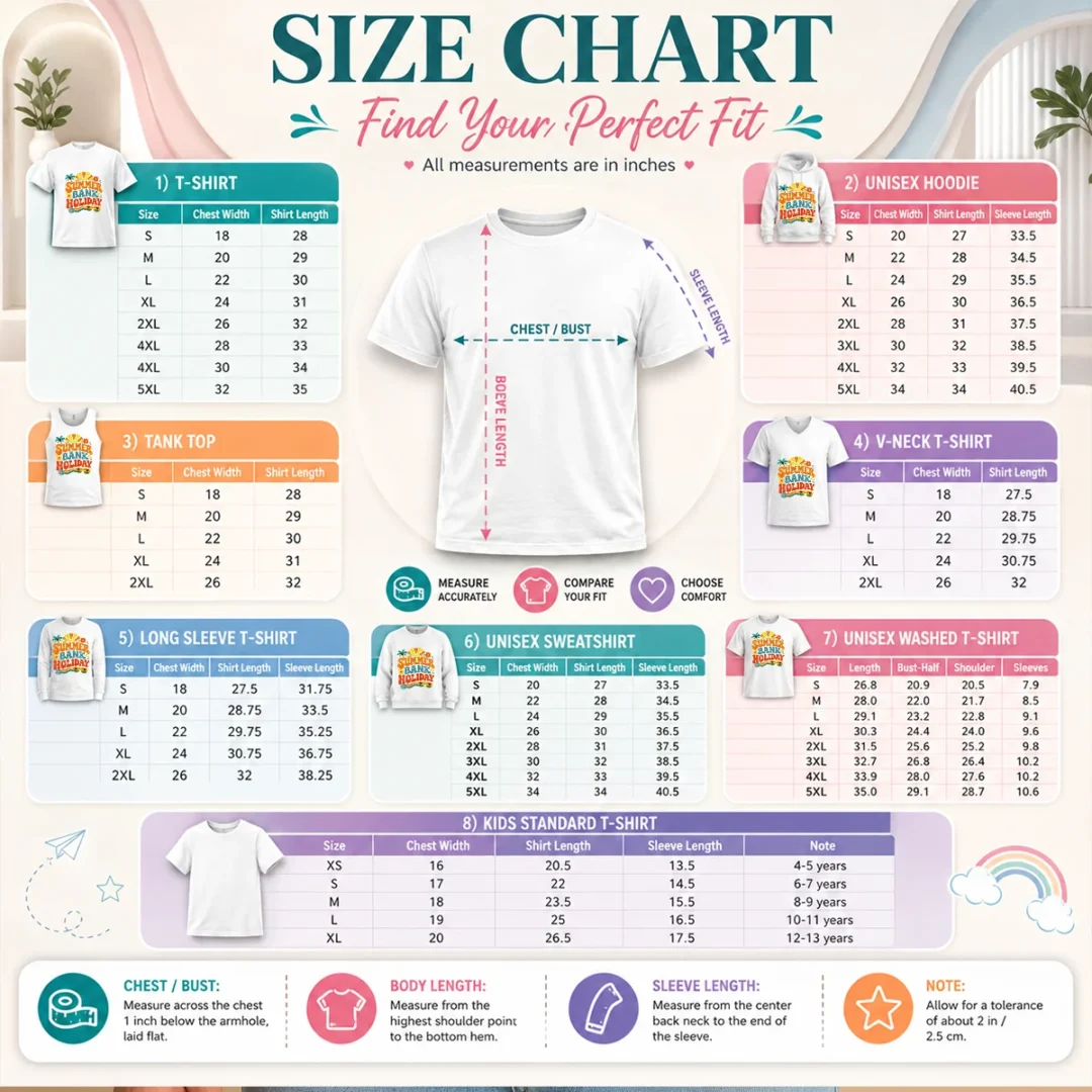 good-retro-70s-summer-bank-holiday-flower-power-size-chart Size chart for Good Retro 70s Summer Bank Holiday Flower Power with measurements in inches and cm to help choose the right fit