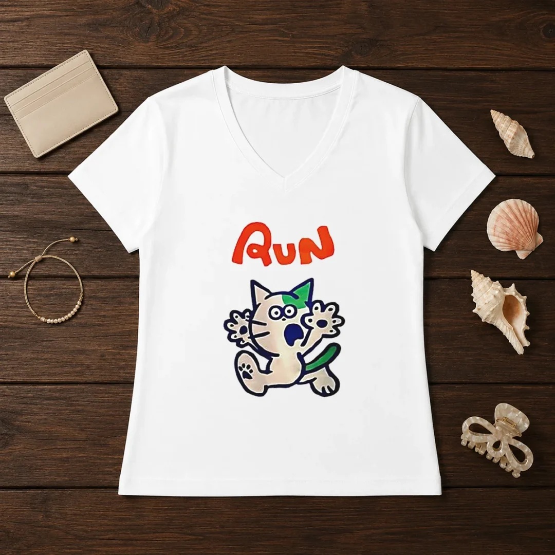 good-running-scared-cartoon-cat-v-neck-shirt Good Running Scared Cartoon Cat V-Neck Shirt
