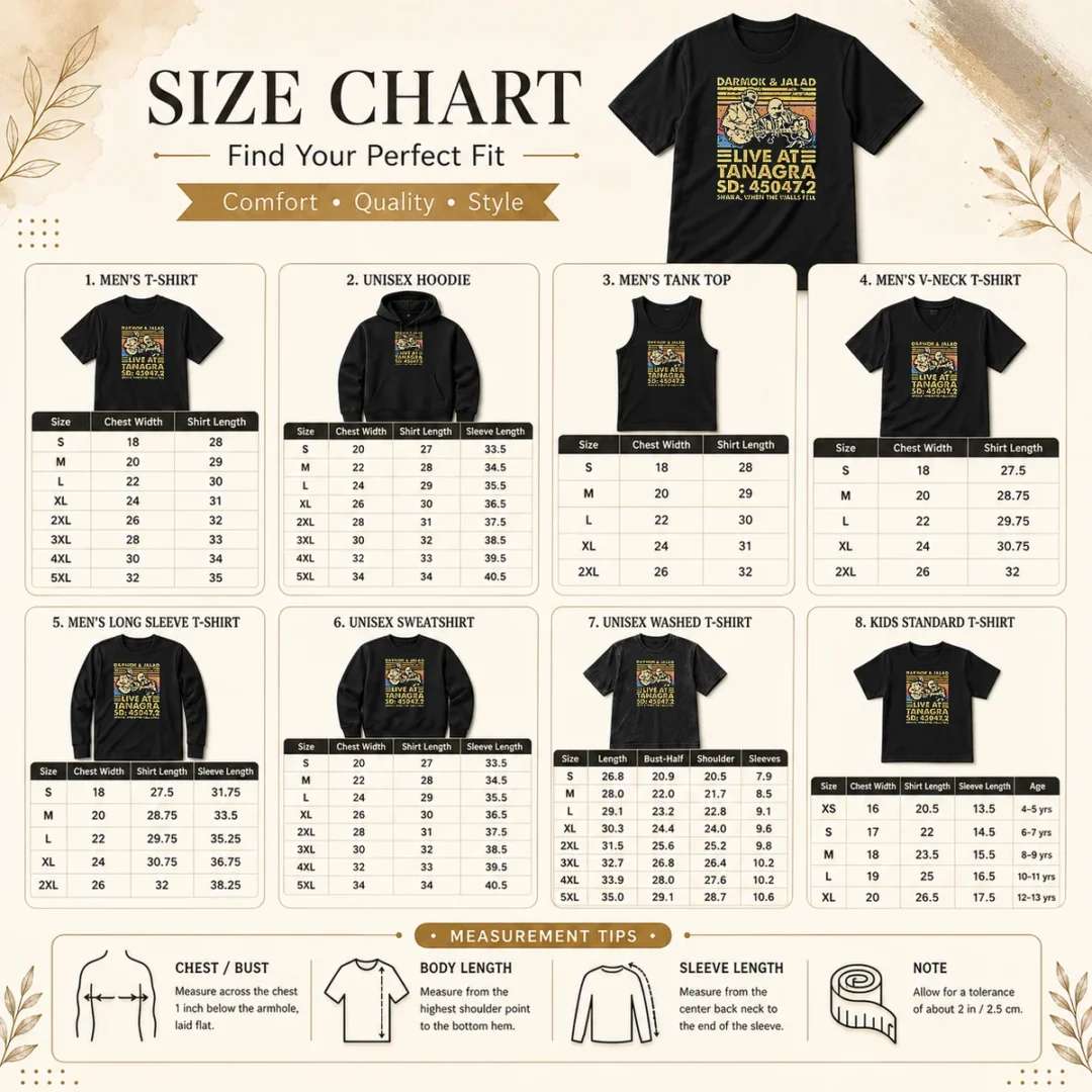 happy-awesome-vintage-darmok-and-jalad-live-at-tanagra-shaka-when-the-walls-fell-size-chart Size chart for Happy Awesome Vintage Darmok And Jalad Live At Tanagra Shaka When The Walls Fell with measurements in inches and cm to help choose the right fit