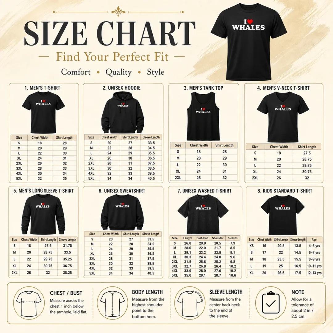 Happy Nice I Love Whales Size Chart Size chart for Happy Nice I Love Whales with measurements in inches and cm to help choose the right fit
