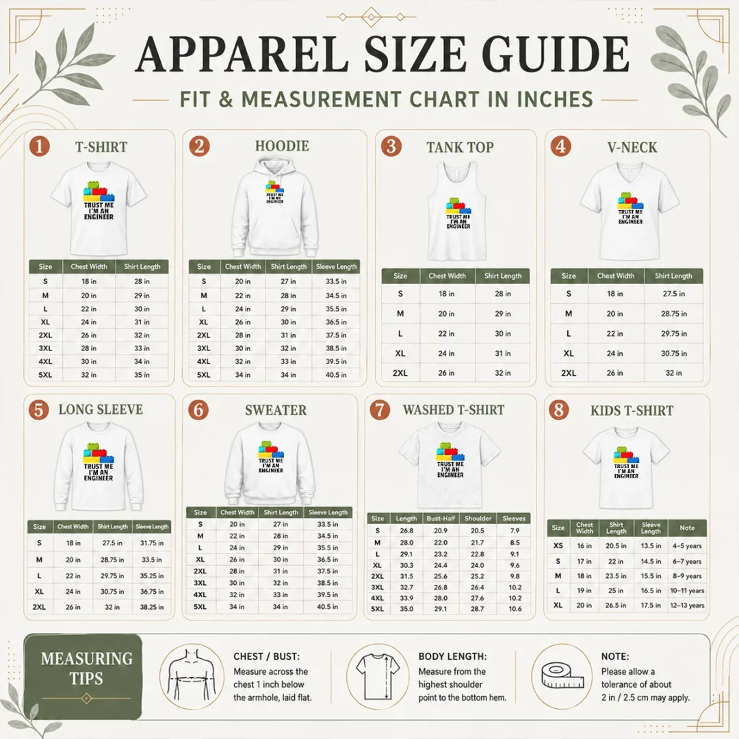 happy-nice-i-m-an-engineer-building-blocks-brick-toy-builder-size-chart Size chart for Happy Nice I'M An Engineer Building Blocks Brick Toy Builder with measurements in inches and cm to help choose the right fit