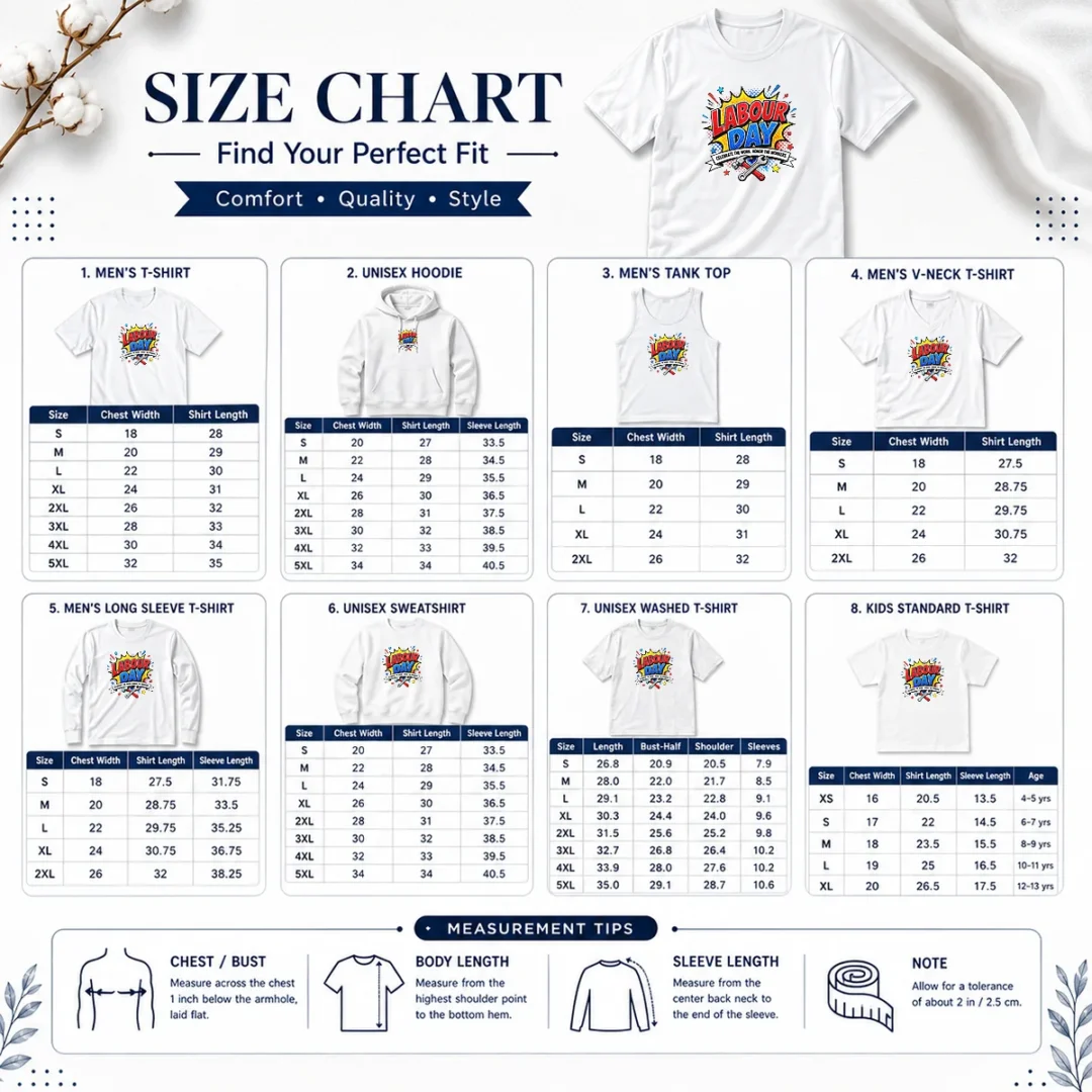 happy-official-pop-art-comic-labour-day-celebrate-workers-size-chart Size chart for Happy Official Pop Art Comic Labour Day Celebrate Workers with measurements in inches and cm to help choose the right fit