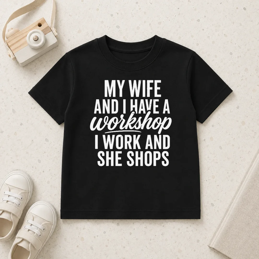 happy-original-couple-workshop-my-wife-shops-i-work-kids-t-shirt Happy Original Couple Workshop My Wife Shops I Work Kids T-Shirt