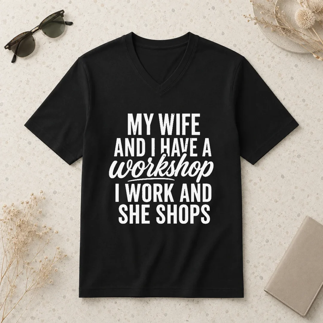 happy-original-couple-workshop-my-wife-shops-i-work-v-neck-shirt Happy Original Couple Workshop My Wife Shops I Work V-Neck Shirt