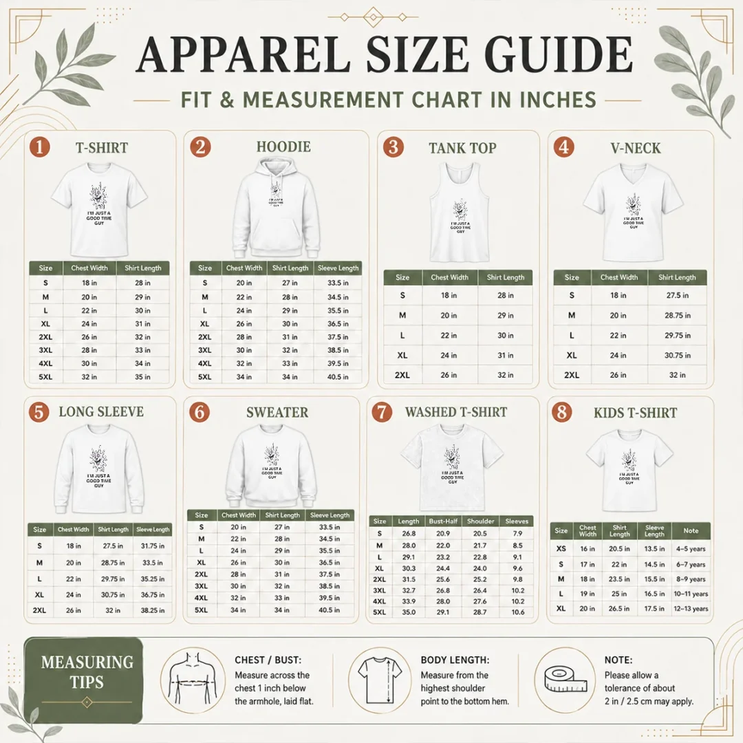 happy-premium-i-m-just-a-good-time-guy-whimsical-creature-size-chart Size chart for Happy Premium I'M Just A Good Time Guy Whimsical Creature with measurements in inches and cm to help choose the right fit