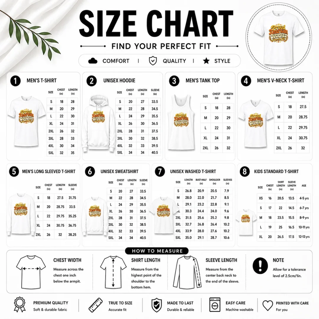 happy-premium-proud-american-worker-labour-day-2026-groovy-retro-size-chart Size chart for Happy Premium Proud American Worker Labour Day 2026 Groovy Retro with measurements in inches and cm to help choose the right fit
