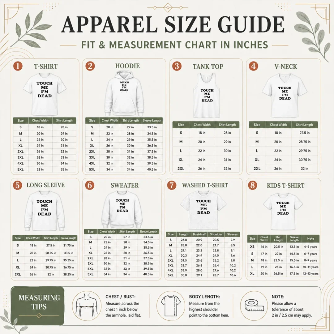 happy-premium-touch-me-im-dead-slogan-funny-goth-humor-size-chart Size chart for Happy Premium Touch Me Im Dead Slogan Funny Goth Humor with measurements in inches and cm to help choose the right fit