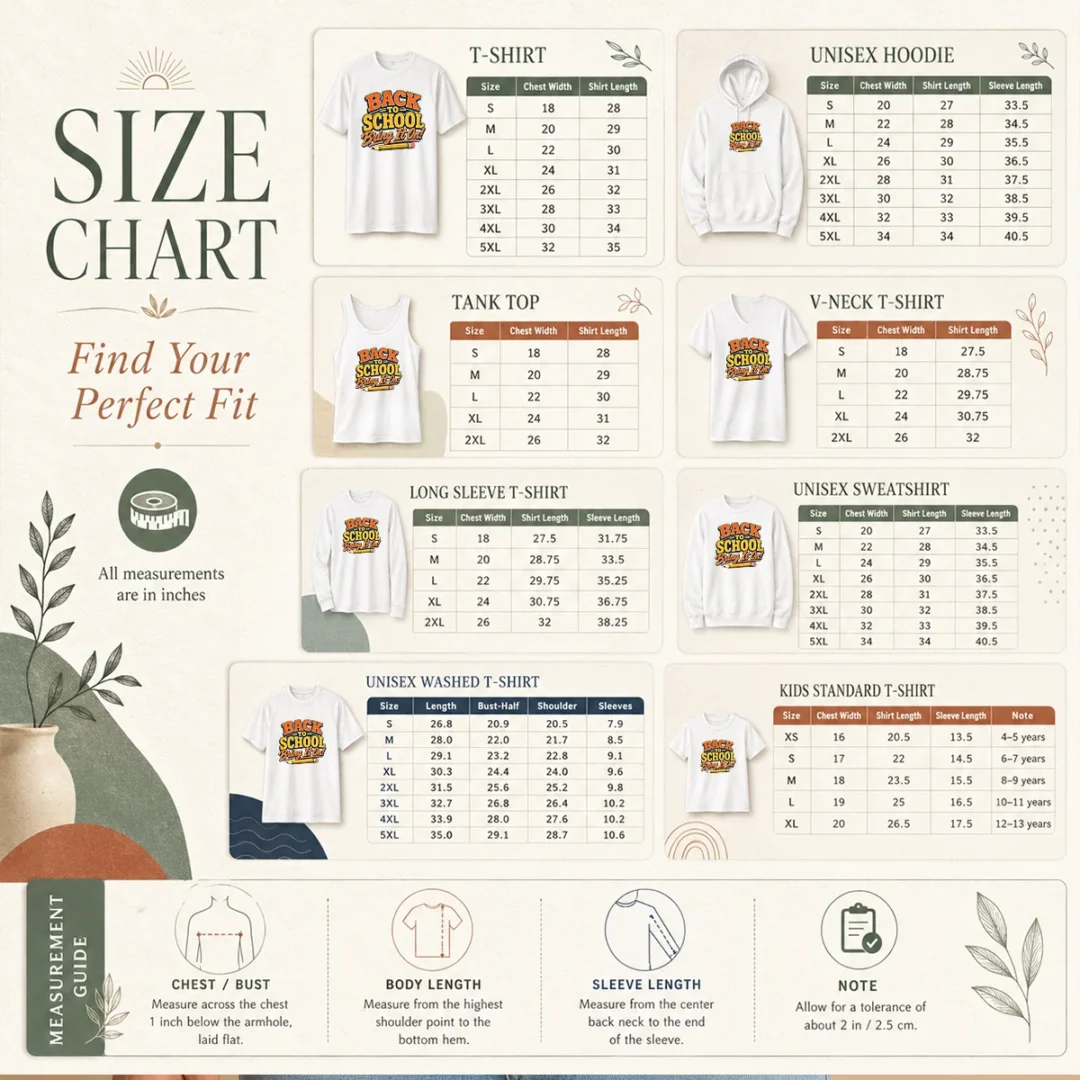 happy-pretty-back-to-school-vintage-typography-for-proud-students-size-chart Size chart for Happy Pretty Back To School Vintage Typography For Proud Students with measurements in inches and cm to help choose the right fit