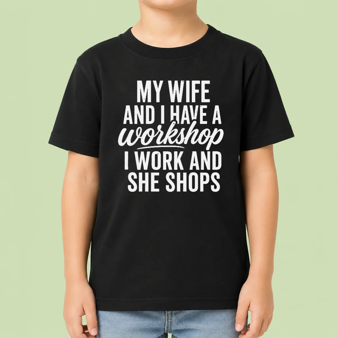 happy-pretty-couple-workshop-my-wife-shops-i-work-kids-t-shirt Happy Pretty Couple Workshop My Wife Shops I Work Kids T-Shirt