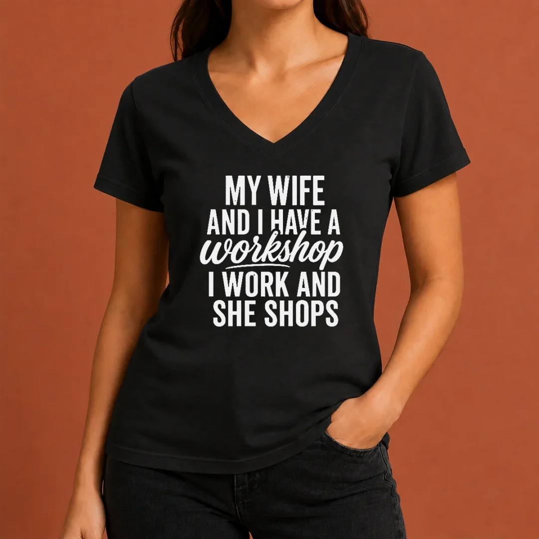 happy-pretty-couple-workshop-my-wife-shops-i-work-v-neck-shirt-2 Happy Pretty Couple Workshop My Wife Shops I Work V-Neck Shirt