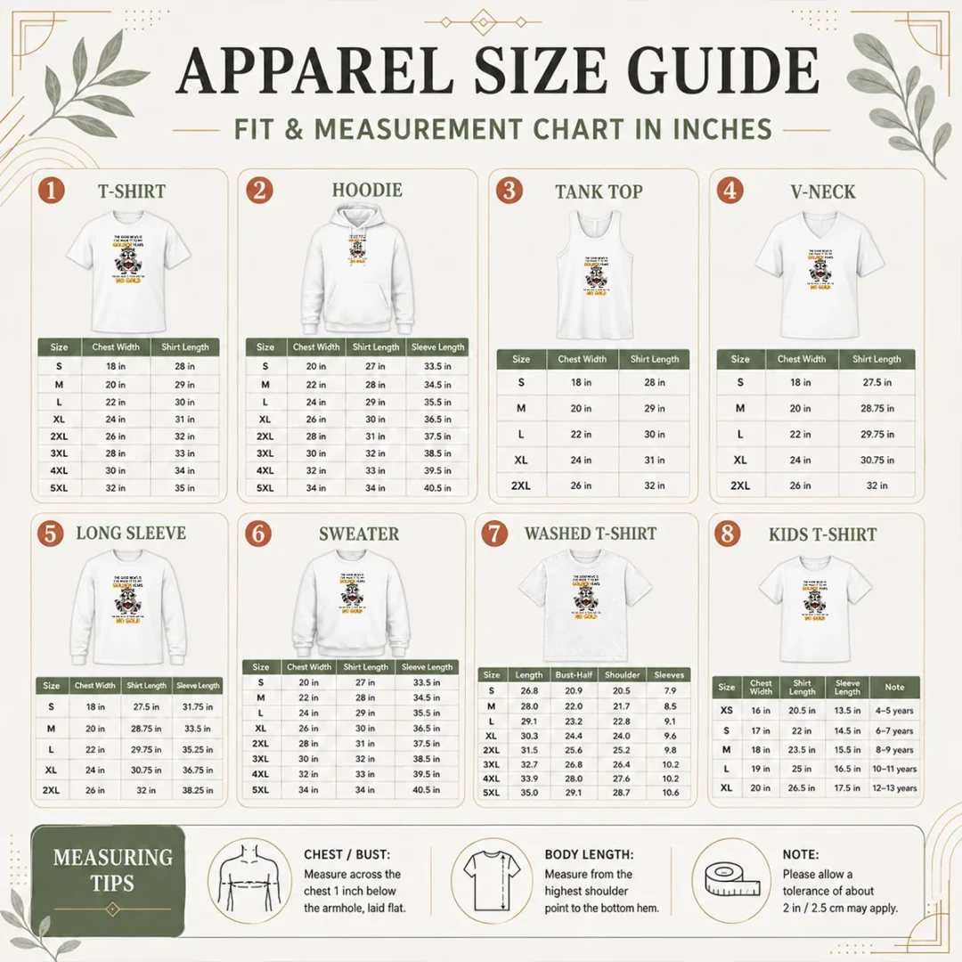 hot-awesome-raccoon-the-good-news-is-ive-made-it-to-my-golden-years-the-bad-news-is-there-aint-no-no-g-size Size chart for Hot Awesome Raccoon The Good News Is Ive Made It To My Golden Years The Bad News Is There Aint No No G with measurements in inches and cm to help choose the right fit