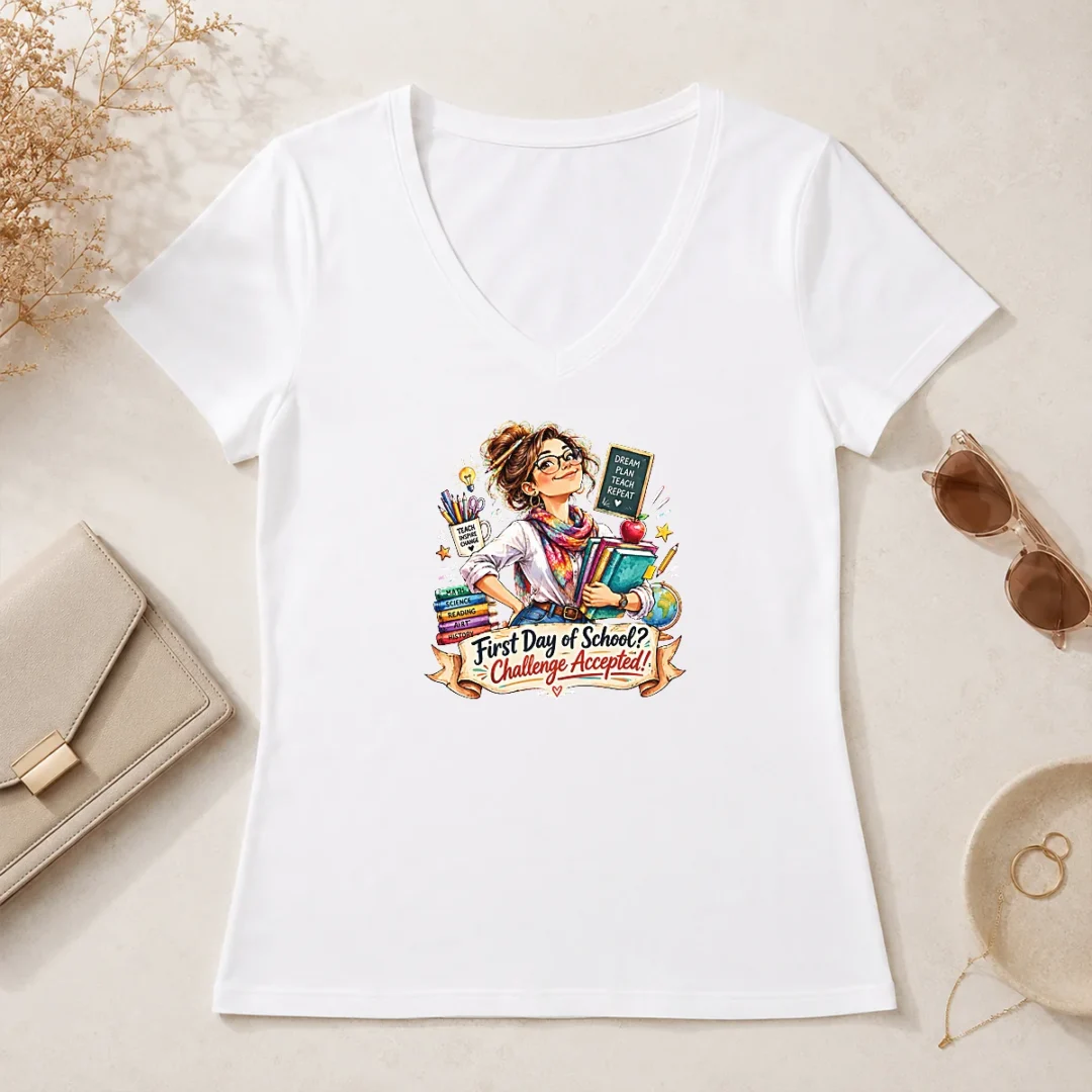 Hot Good Humorous Watercolor First Day Of School Teacher For Woman V Neck Shirt Hot Good Humorous Watercolor First Day Of School Teacher For Woman V-Neck Shirt